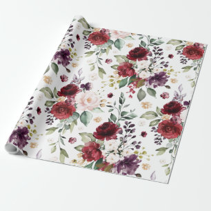 Klassieke donkerrode Paarse witte Waterverf Floral Cadeaupapier
