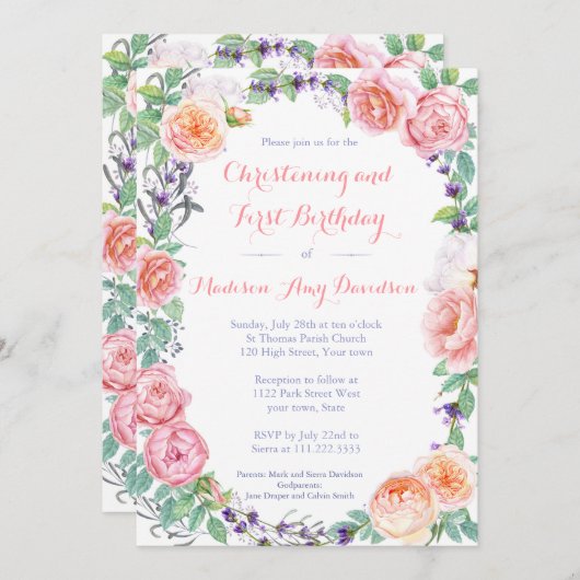 Klassieke doop / verjaardag met roze rozen kaart (Voorkant / Achterkant)