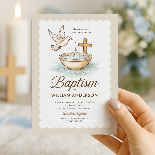 Klassieke Dove & Cross Scalloped doop uitnodiging