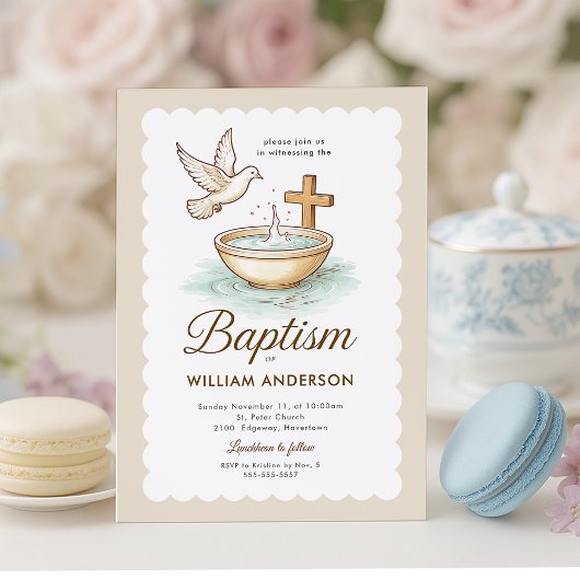 Klassieke Dove & Cross Scalloped doop uitnodiging