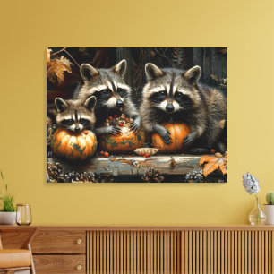 Klassieke drie wasberen en pompoenen herfst 32x24 canvas afdruk