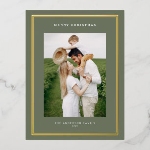 Klassieke Dubbele Grens Taupe Groene Foto Kerstmis Folie Feestdagen Briefkaart