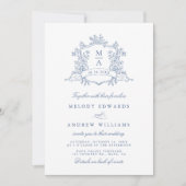 Klassieke Dusty Blue Floral Crest Wedding All in O Kaart (Voorkant)