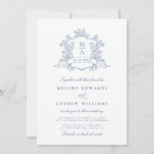 Klassieke Dusty Blue Floral Crest Wedding All in O Kaart (Voorkant)