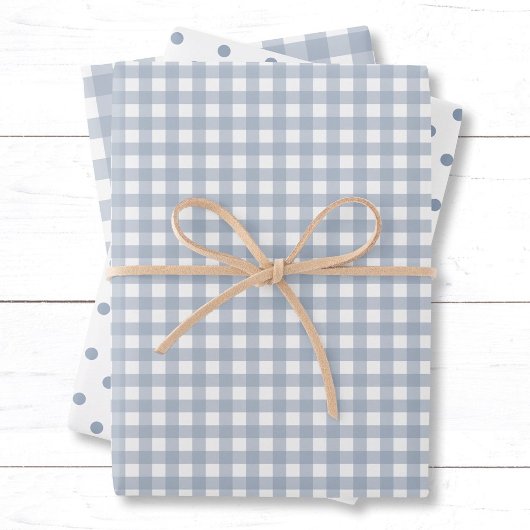 Klassieke Dusty Blue Gingham Polka Dots Patroonmix Inpakpapier Vel