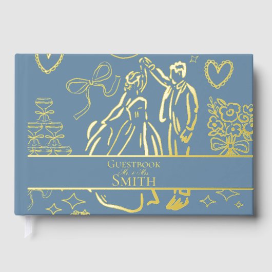Klassieke Dusty Blue Hand Drawn Wedding Sketch Art Gastenboek (Voorkant)