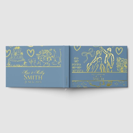 Klassieke Dusty Blue Hand Drawn Wedding Sketch Art Gastenboek (Volledig)