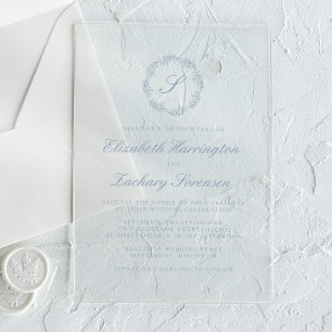 Klassieke Dusty Blue Monogram Krans Script Wedding Acryl Uitnodigingen