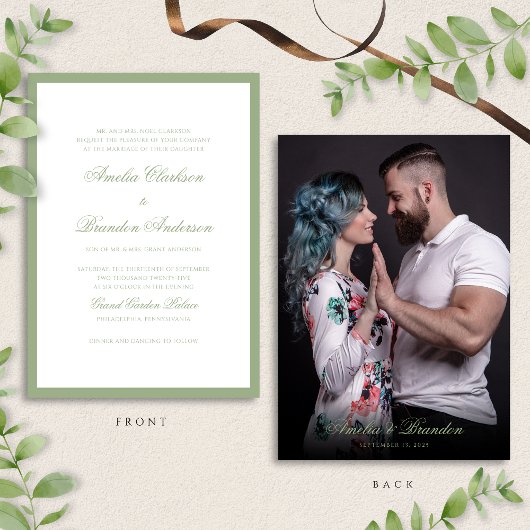Klassieke echte saliegroene script- en fotohuwelij kaart