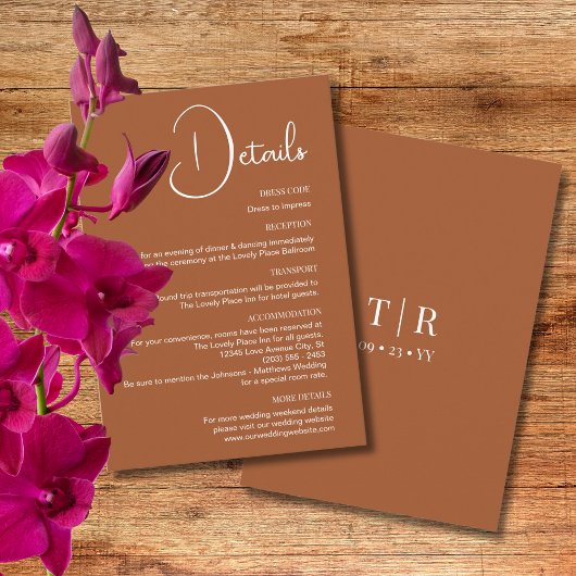 Klassieke eenvoud Terracotta Bruiloft Details Informatiekaartje