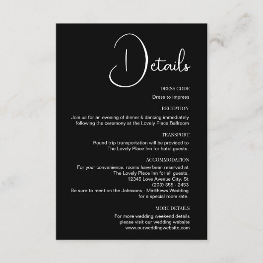 Klassieke eenvoud Zwart-wit bruiloft Details Informatiekaartje (Voorkant)
