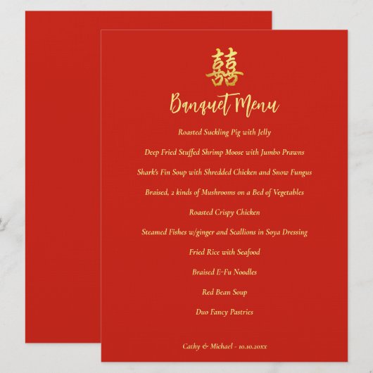 Klassieke eenvoudige Chinese bruiloft met dubbel g Menu (Voorkant / Achterkant)
