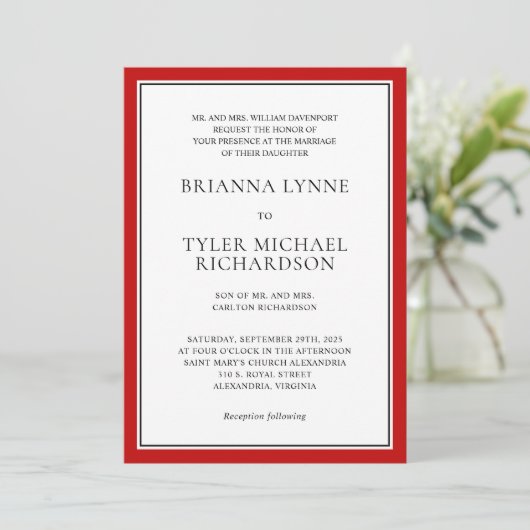 Klassieke eenvoudige elegante rode rand bruiloft kaart (Staand voorkant)
