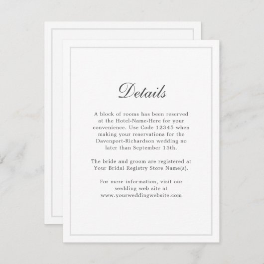 Klassieke Eenvoudige Elegante Trouwdetails Informa Informatiekaartje (Voorkant / Achterkant)