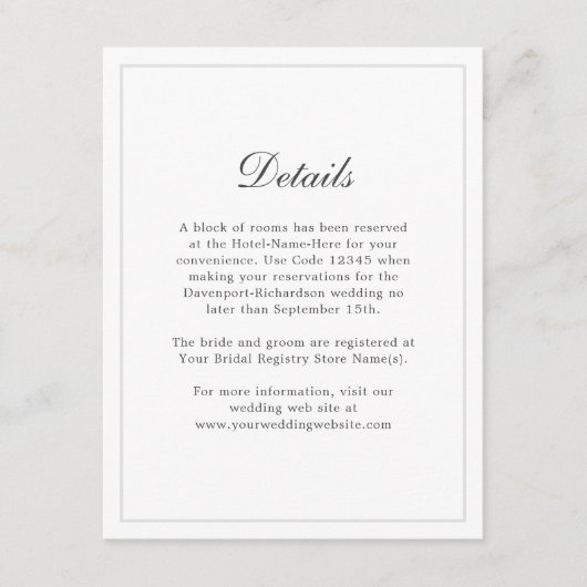 Klassieke Eenvoudige Elegante Trouwdetails Informa Informatiekaartje (Voorkant)