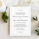 Klassieke eenvoudige elegantie bruiloft kaart<br><div class="desc">Dit ontwerp is een smalle,  dunne,  met een dunne,  zilveren rand die rond jouw tekst ligt en met kalligrafie gedrenkt is. U kunt de plaatsing van de tekst toevoegen,  verwijderen of aanpassen aan uw behoeften. De alomtegenwoordige witte achtergrond zorgt voor een schone eenvoud van dit ontwerp.</div>