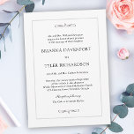 Klassieke eenvoudige elegantie bruiloft kaart<br><div class="desc">Dit ontwerp is een smalle, dunne, met een dunne, zilveren rand die rond jouw tekst ligt en met kalligrafie gedrenkt is. U kunt de plaatsing van de tekst toevoegen, verwijderen of aanpassen aan uw behoeften. De alomtegenwoordige witte achtergrond zorgt voor een schone eenvoud van dit ontwerp. Of je nu een...</div>