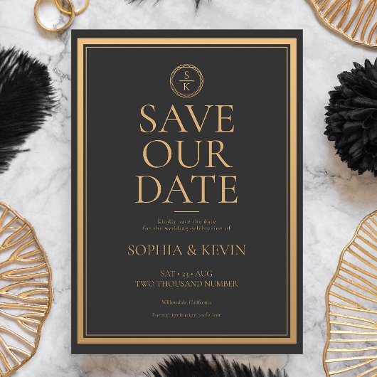 Klassieke Eenvoudige elegantie Gold Black Weddensc Save The Date