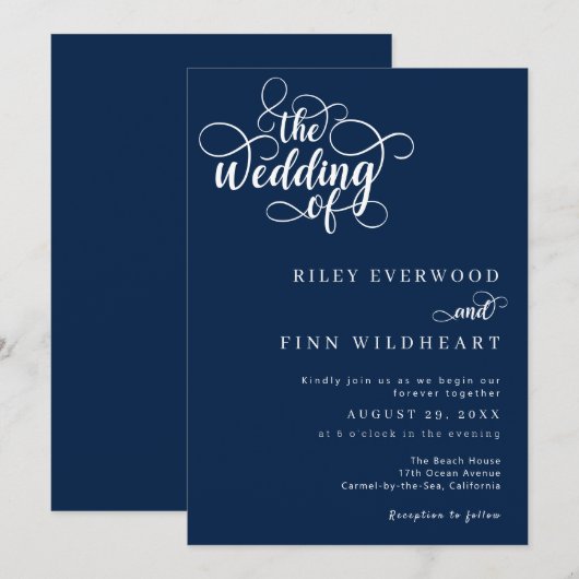 Klassieke eenvoudige kalligrafie bruiloft kaart (Voorkant / Achterkant)