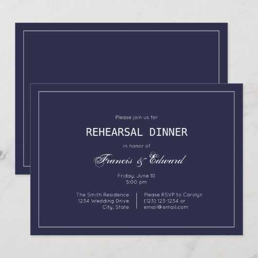 Klassieke Eenvoudige Marine Repetitie Diner Uitnod Kaart (Voorkant / Achterkant)