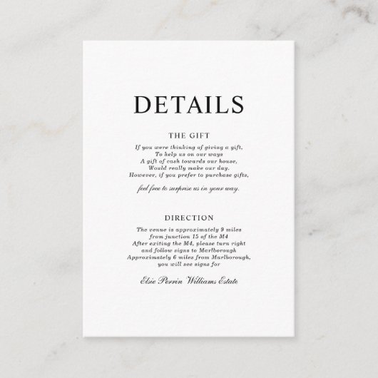 Klassieke eenvoudige minimalistische ontvangstenve informatiekaartje (Voorkant)