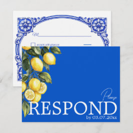 💙🍋Klassieke eenvoudige QR Azul & Limone Romance RSVP Kaartje
