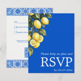💙🍋Klassieke eenvoudige QR Azul & Limone Romance RSVP Kaartje