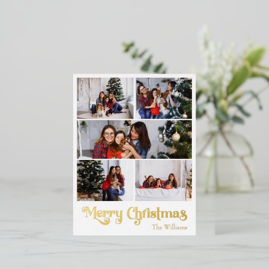 Klassieke eenvoudige vijf foto Merry Christmas Gol Folie Feestdagen Briefkaart (Staand Voorkant)