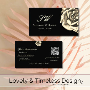 Klassieke effen zwarte beige roos initialen QR-cod Visitekaartje