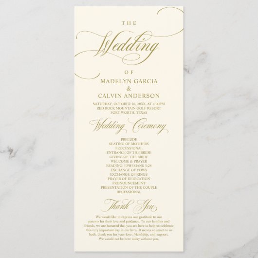 Klassieke Elegance  Gold, bruiloft ceremonie P Programmakaart (Voorkant)