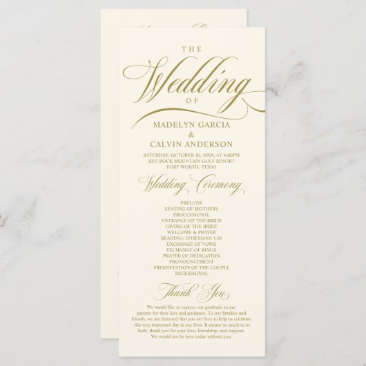 Klassieke Elegance  Gold, bruiloft ceremonie Pr Programmakaart (Voorkant / Achterkant)