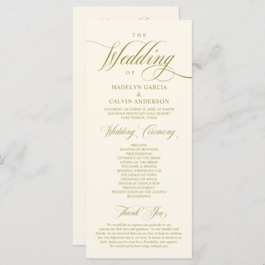 Klassieke Elegance Gold, bruiloft ceremonie Programmakaart (Voorkant / Achterkant)