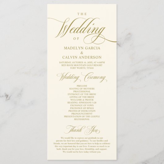 Klassieke Elegance  Gold, bruiloft ceremonie  Programmakaart (Voorkant)