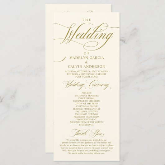 Klassieke Elegance  Gold, bruiloft ceremonie Programmakaart (Voorkant / Achterkant)