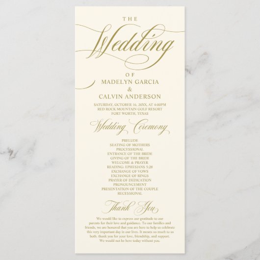 Klassieke Elegance  Gold, bruiloft ceremonie Programmakaart (Voorkant)