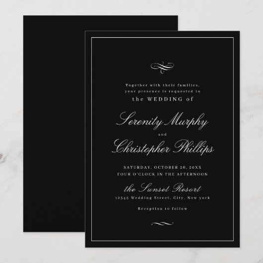 Klassieke elegance Script Black en White Weddensch Kaart (Voorkant / Achterkant)