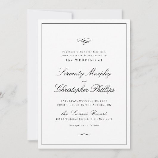 Klassieke elegance Script Black en White Weddensch Kaart (Voorkant)