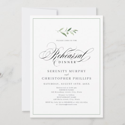 Klassieke Elegance Script Greenery repetitie diner Kaart (Voorkant)