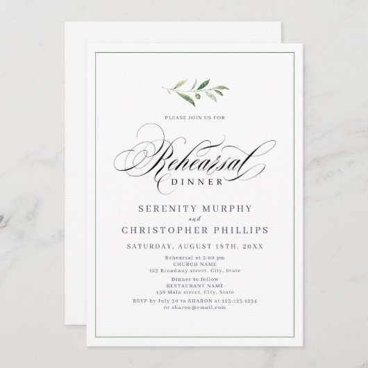 Klassieke Elegance Script Greenery repetitie diner Kaart (Voorkant / Achterkant)