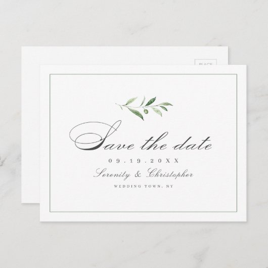 Klassieke Elegance Script Greenery slaat de datum Aankondigingskaart (Voorkant / Achterkant)