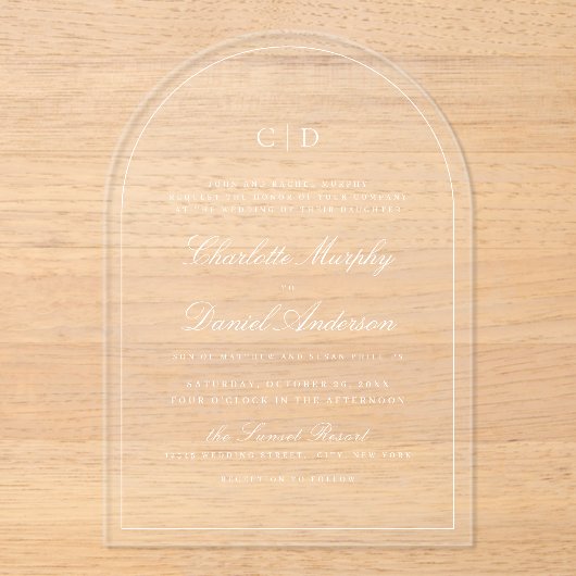 Klassieke Elegance Script Monogram Boog Huwelijk Acryl Uitnodigingen (Voorkant)