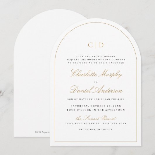 Klassieke Elegance Script Monogram Boog Huwelijk Kaart (Voorkant / Achterkant)