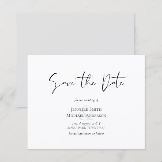 Klassieke Elegance White Script Save the Date Budg (Voorkant / Achterkant)
