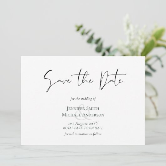 Klassieke Elegance White Script Save the Date Budg (Staand voorkant)