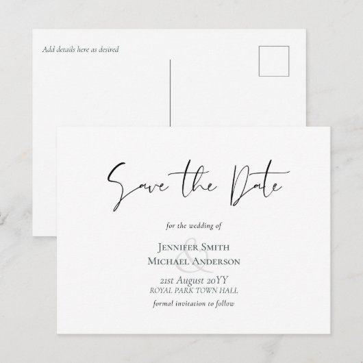 Klassieke Elegance White Script Save the Date Budg Briefkaart (Voorkant / Achterkant)