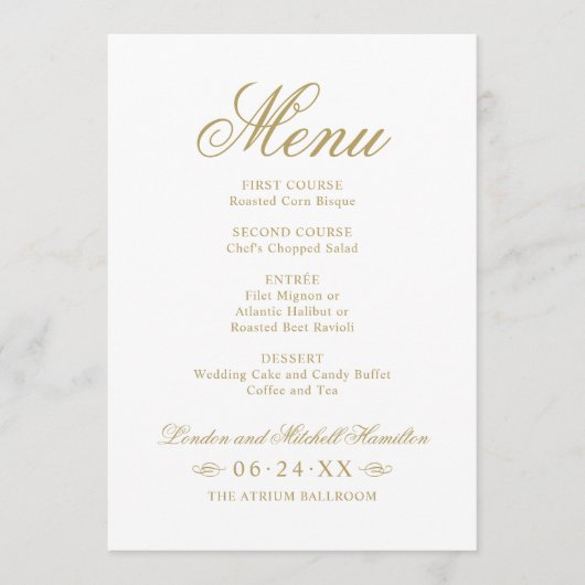 Klassieke Elegant Antiek Gold Wedding Monogram Menu (Voorkant)