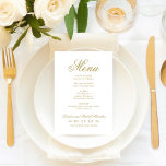 Klassieke Elegant Antiek Gold Wedding Monogram Menu<br><div class="desc">Het formele antiek gouden ontwerp van de huwelijksmenukaart kenmerkt mooie typografie die een traditioneel bloeiend kalligrafieschrift met klassieke blokletters combineert. Bevat een decoratief scroll design accent. De aangepaste tekst kan worden gepersonaliseerd met een monogram van de namen van de bruid en bruidegom en trouwdatum, evenals de dinermenu-details voor de trouwdag....</div>