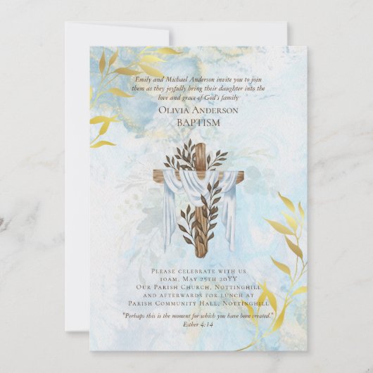 Klassieke Elegant BAPTISM nodigt Aqua Blue Gold ui (Voorkant)