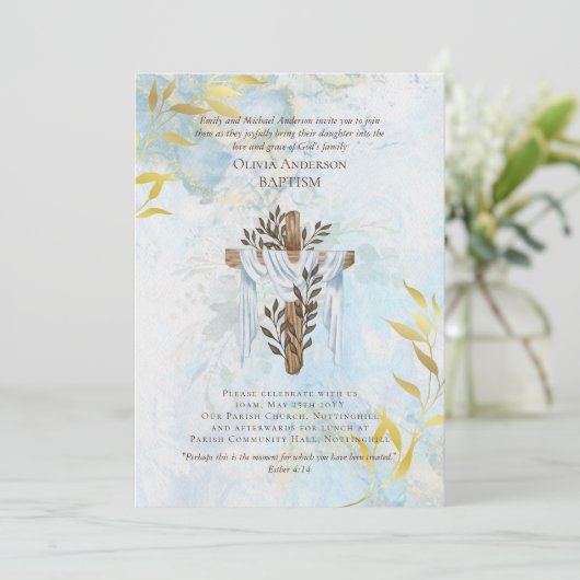Klassieke Elegant BAPTISM nodigt Aqua Blue Gold ui (Staand voorkant)