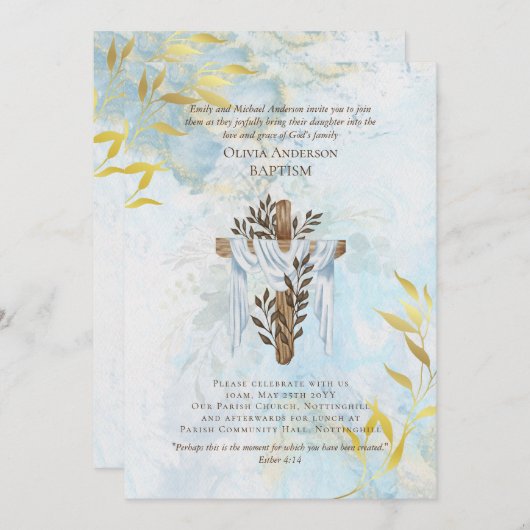 Klassieke Elegant BAPTISM nodigt Aqua Blue Gold ui Kaart (Voorkant / Achterkant)